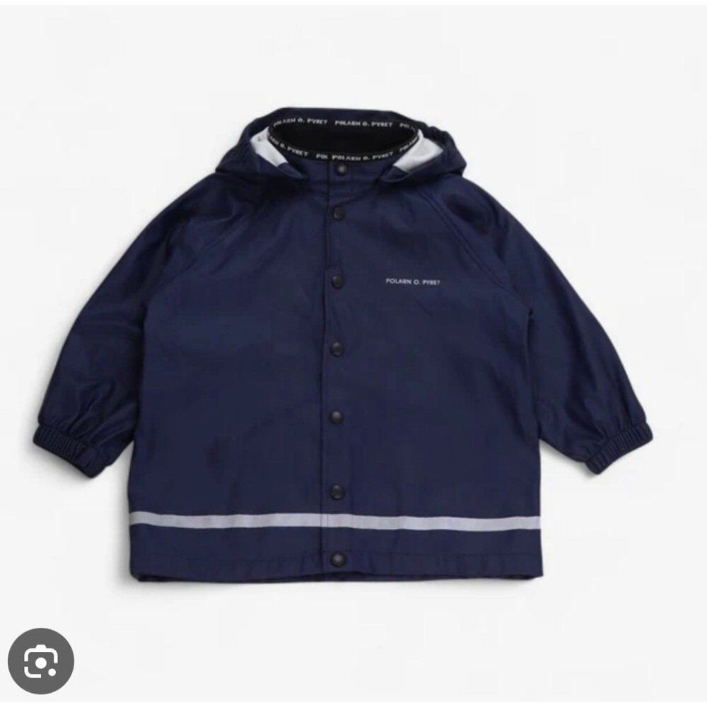 POLARN O. PYRET Navy Rainjacket Detachable Hood Stripe Detail